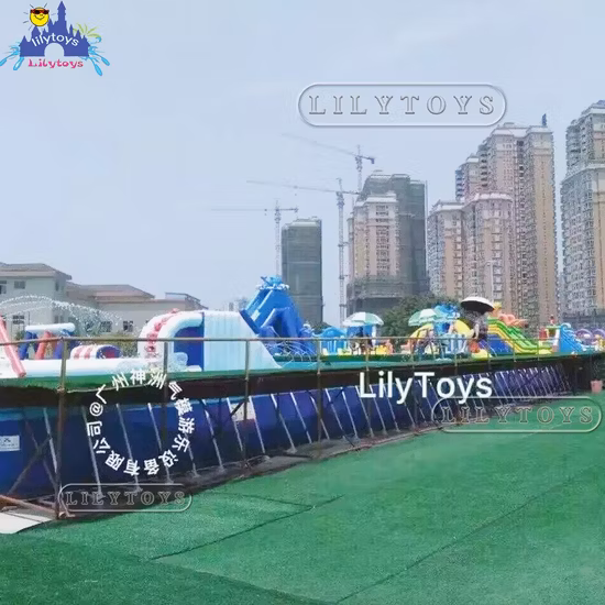 Popular parque acuático flotante gigante, piscina inflable con marco de acero para adultos y niños